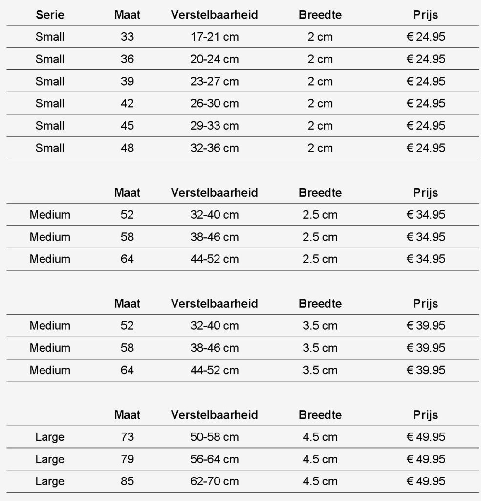 Measurement Chart CYD Dog Collar Website Terschelling Golven no title with price updated 6Feb18 full screen